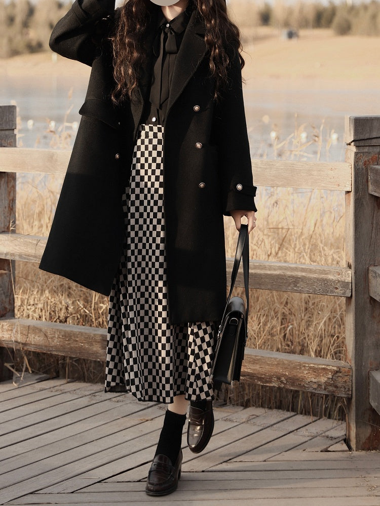 Black Notched Collar Double-Breasted Woolen Coat