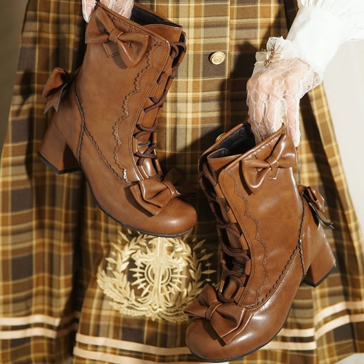 Scalloped Crisscross Mid-calf Lacing Trim Sweet with Boots Lolita Brown