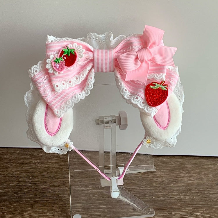 Oversized KC Theme Bowknot Bunny Ear Strawberry Striped Sweet