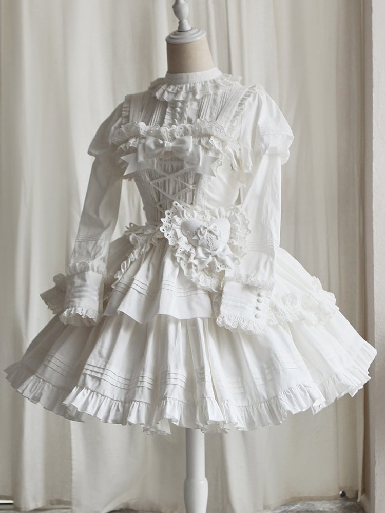 White Short Bowknots Ruffled with Dress Lolita Gothic Heart-shaped Decoration Version JSK and