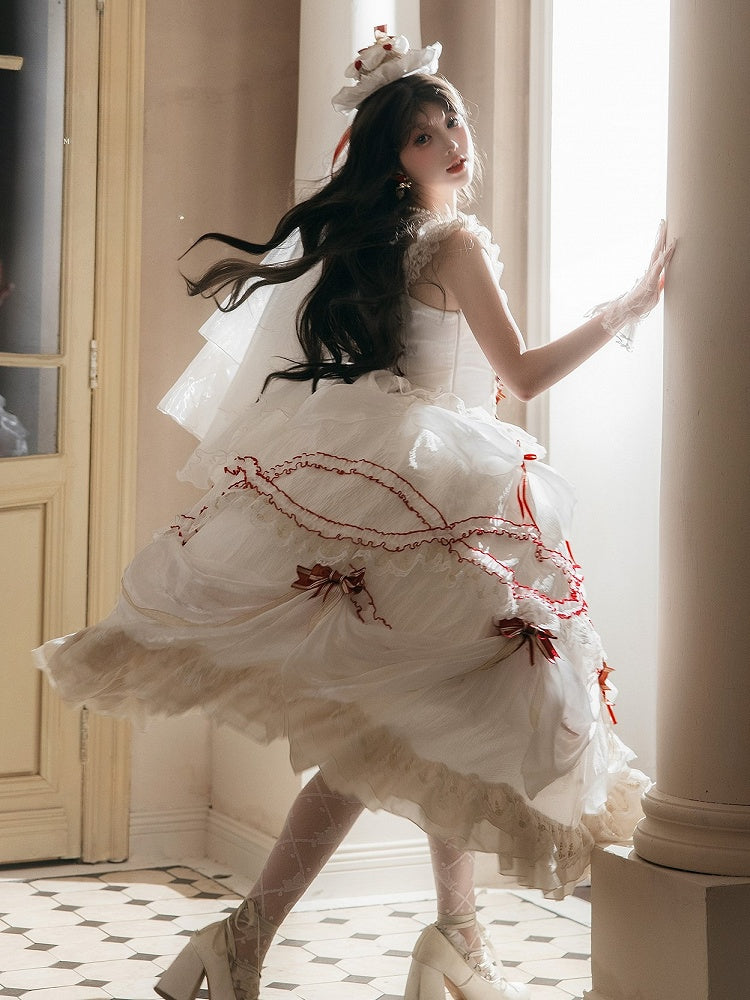 Cake Dress Lolita Embroidered Red White Cherry Hime with Bows Ruffled Multi-Layered