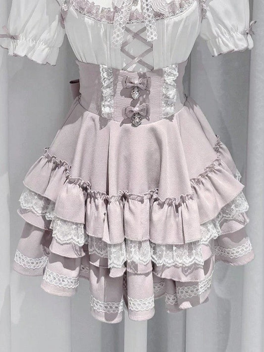 Pink Tiered Skirt with Lace Trim and Rhinestone Bow Embellishments - GingaU