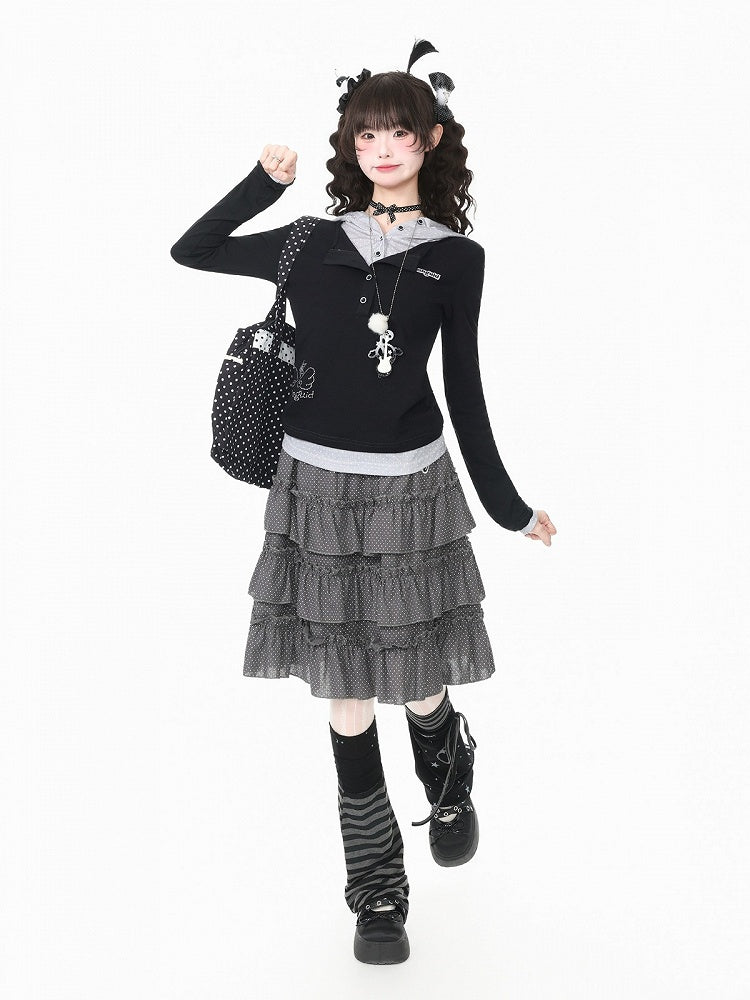 Embroidered Detail Polka Dot Ruffle Tiered Skirt in Gray Hue - Languid Park