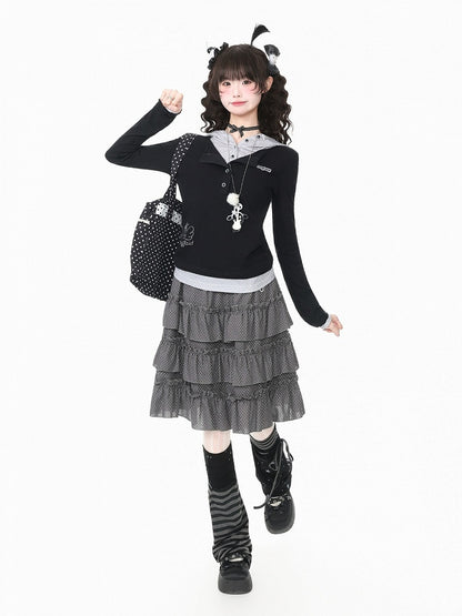 Embroidered Detail Polka Dot Ruffle Tiered Skirt in Gray Hue - Languid Park