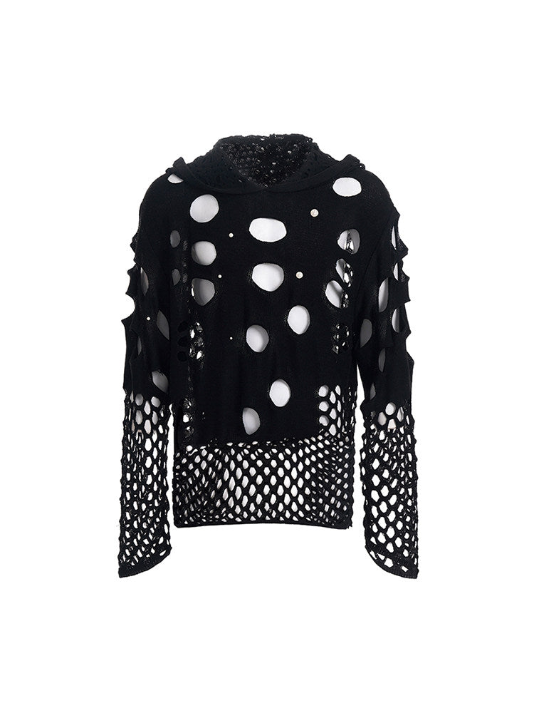 Hoodie Men's Knit Hollow-out Bead with Black Embellishments