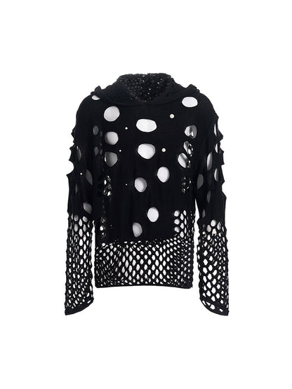 Hoodie Men's Knit Hollow-out Bead with Black Embellishments