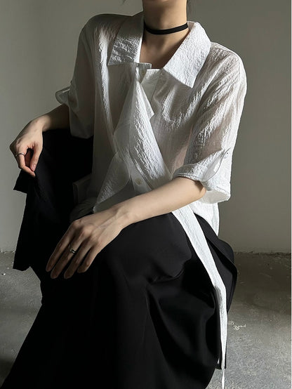 Short-Sleeve Lolita Vintage Flat Transparent Shirt Collar Tie with Ouji Long White Pointed
