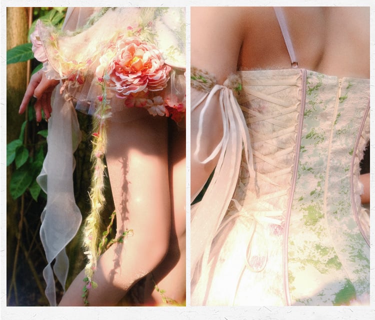 Tulle Goth Fairy Pink and Overlay Floral Green Corset Boned Forest + Petticoat Sleeves