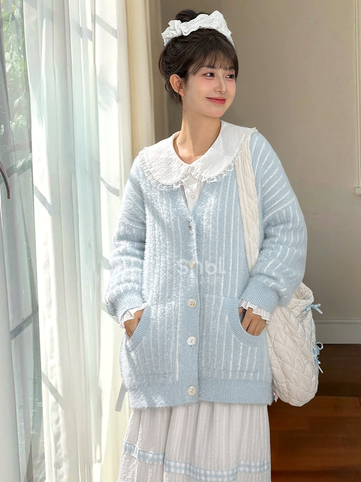 Cute Little Bear Plushie Adorned  Blue Striped Loose Cardigan
