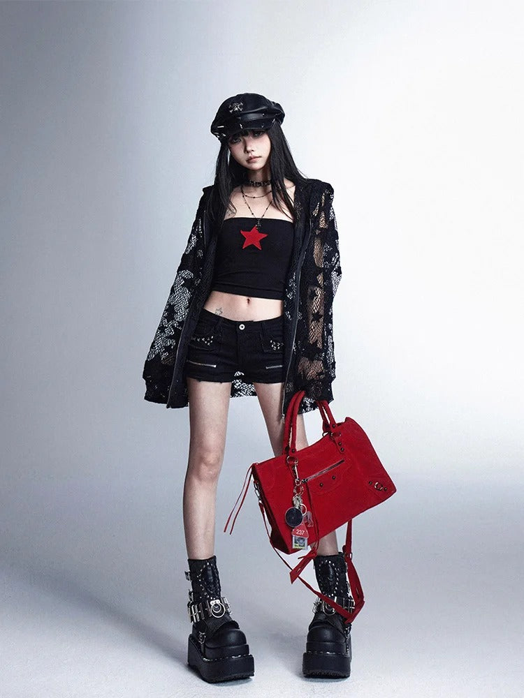 ジャケット Y2K 保護 ブラック スター柄 中空アウト サンフード付き