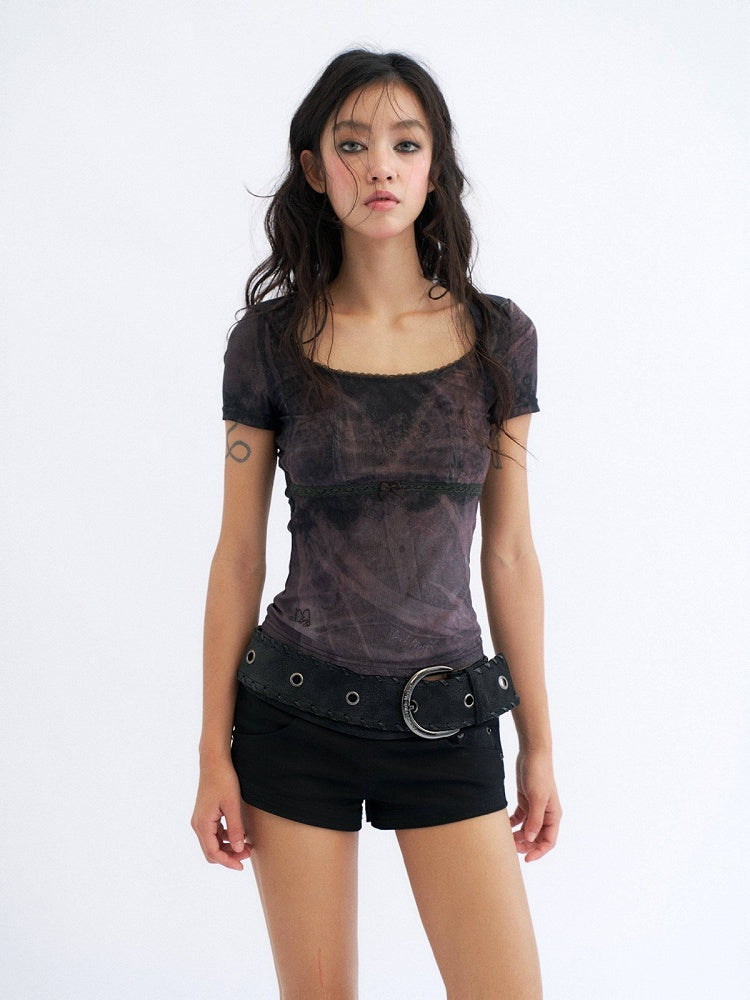 Leather Mesh Detachable PU Sheer Panel Black Punk Denim Shorts Style