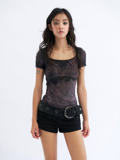 Leather Mesh Detachable PU Sheer Panel Black Punk Denim Shorts Style