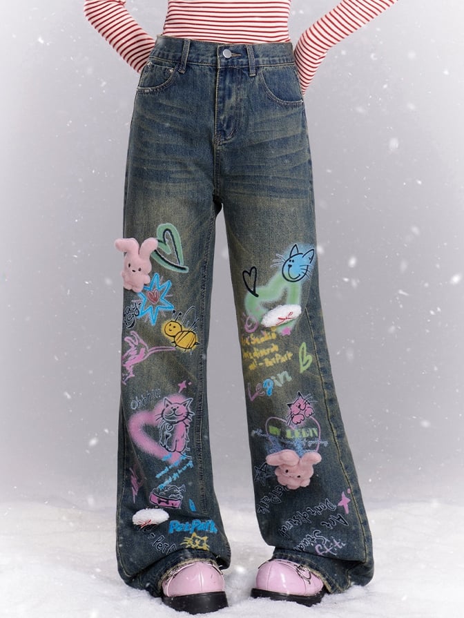 Blue Bunny Plushies Adorned Cats Graffiti Wide-leg Cut Jeans