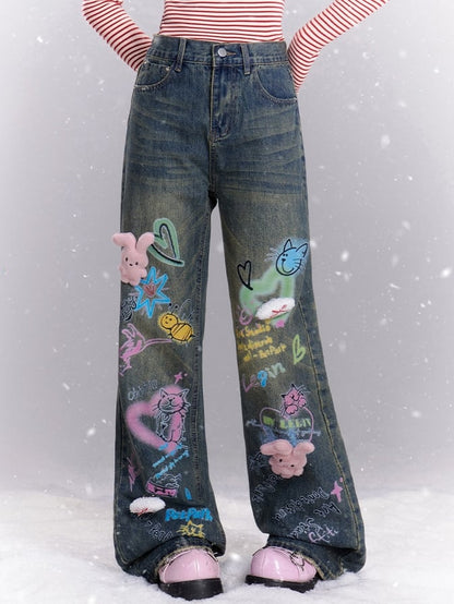 Blue Bunny Plushies Adorned Cats Graffiti Wide-leg Cut Jeans