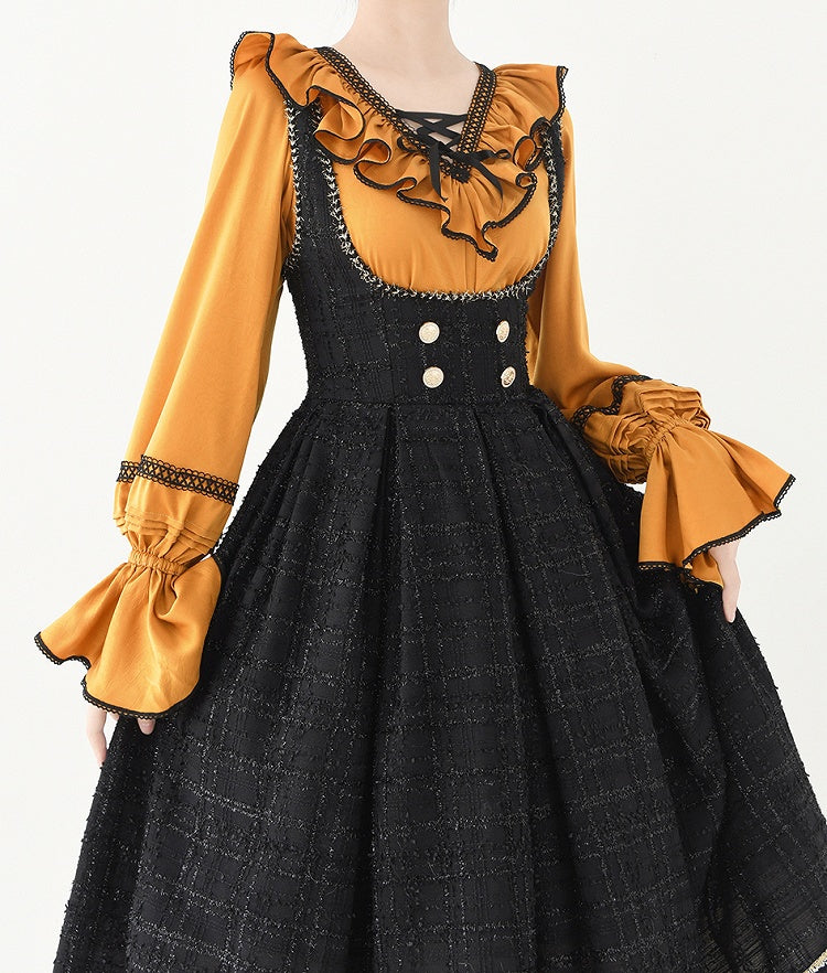 Pumpkin Orange Lace-up Structured Ruffles V-neck Long-Sleeve Blouse