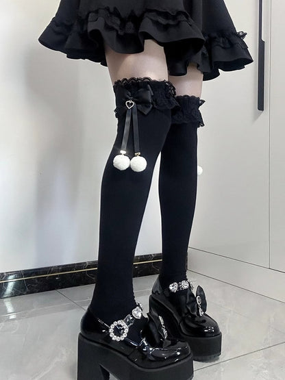 ジライケイ ポンポンディテール レースカフス 蝶結び オーバーニーストッキング