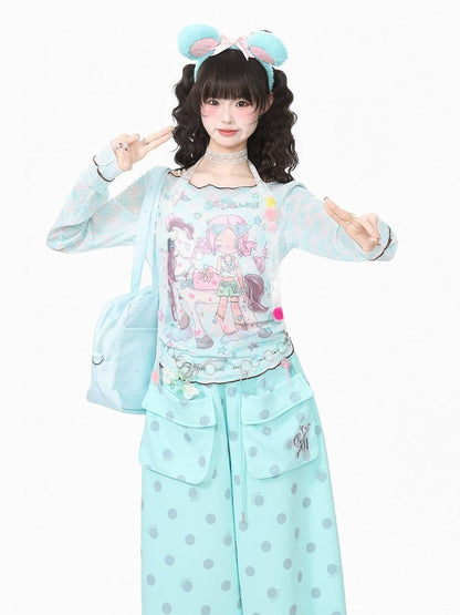 Cyan Breathable Mesh Long Sleeve Sun Protection Tee with Cartoon - Languid Park