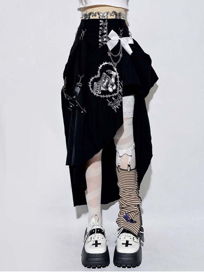 パンクなブラックピンチェーンアシンメトリーヘムキティ取り外し可能ボウスカート