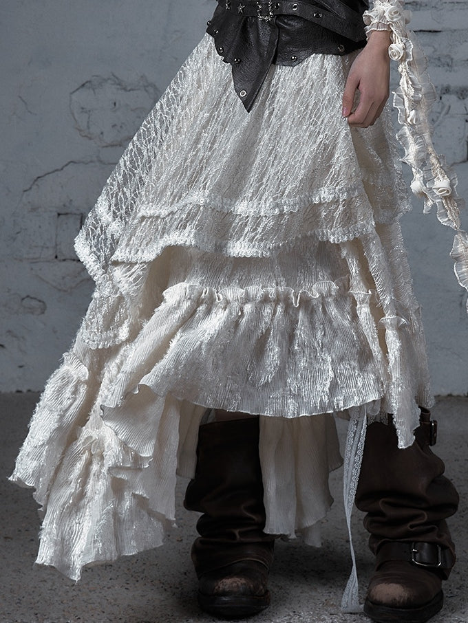 Star Wasteland White Punk Waistline Skirt Flounce PU Asymmetrical Studs Hem