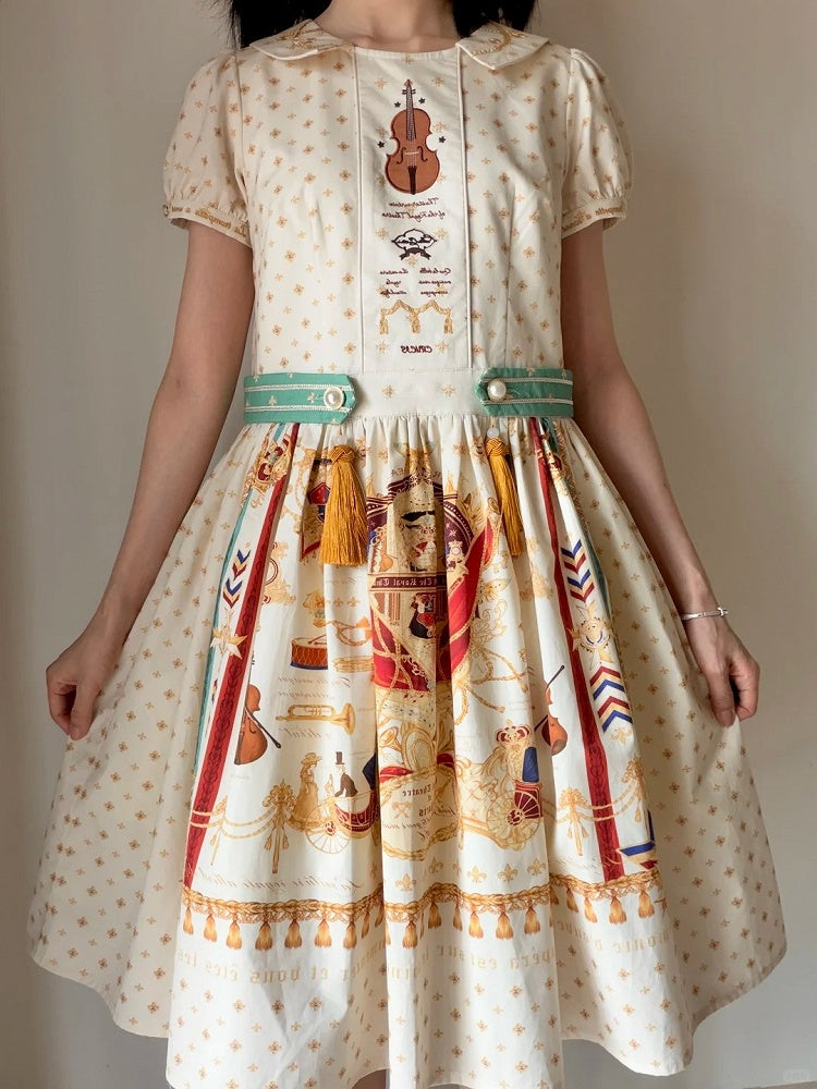 Short White Musical Print Peter Pan Collar OP Dress with Tassels - Crucis Universal Tailor Company