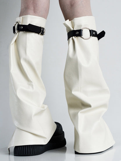White with Metal Warmers Punk Leather and Leg Creamy Buckles Buttons