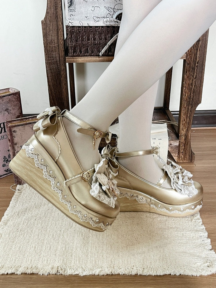 Gold Lolita Round Toe Platform Shoes with Bow, Lace and Rabbit Ear Detail - Cheese Mango