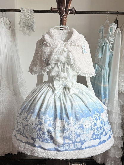 Sweet Winter Lolita Snowy Teddy Print White-Blue Gradient Lolita JSK Full Set