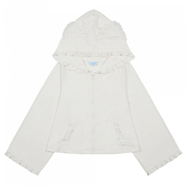 Jirai Kei Sleeves with White/Black/Blue/Pink/Gray Hooded in Baggy Kitty-Ear Long Jacket
