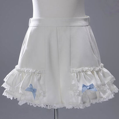 White Landmine Dress Blue Matching Shorts Plush Set Bunny Bow Ear Brooch Style Full Cape Lace +