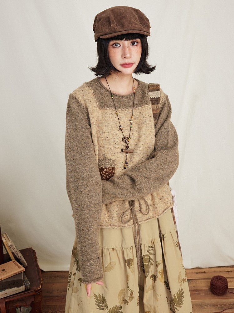 Drawstring Two-Piece Coffee Sweater Mock Pinecone Waist Kawaii Print with Vintage