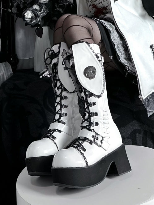 Bad Bunny レーストリム バニーイヤー ホワイト PU ゴシック プラットフォームブーツ