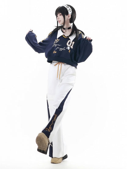 Collared Sweatshirt Preppy Cropped with Print Number Blue Dark Shield Patch