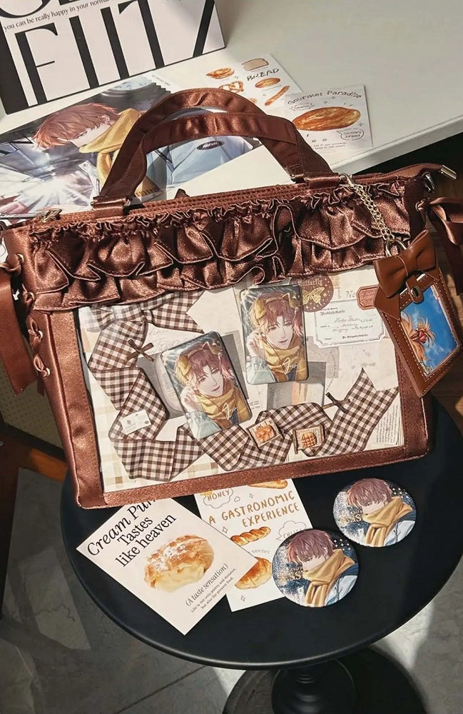 Taschengurte mit Schleife und Rüschen und Satin-Karte zum Selbstbinden, Ita-Besatz, brauner Halter