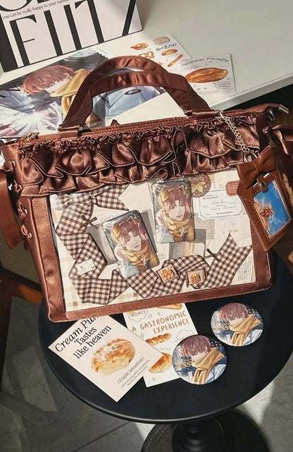 Taschengurte mit Schleife und Rüschen und Satin-Karte zum Selbstbinden, Ita-Besatz, brauner Halter