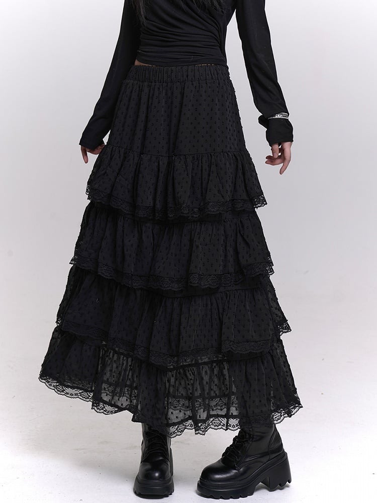 Length Tea Trim Chiffon Blue Mesh with White/Black/Light Tiered Lace Skirt