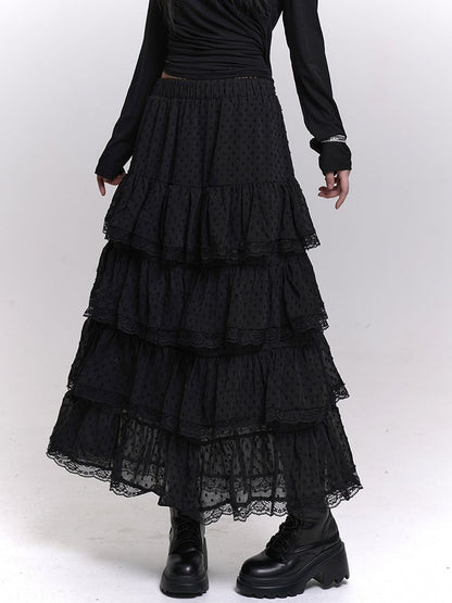 Length Tea Trim Chiffon Blue Mesh with White/Black/Light Tiered Lace Skirt