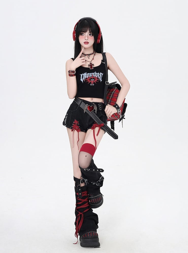 with Black Butterfly Applique Warmers and Red Lace-up Details Hem Denim Shorts Leg