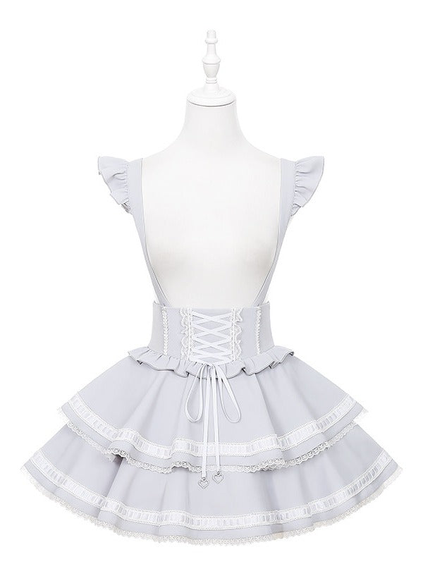 Light Dusty Blue Double-Layer Overall Skirt with Lace Trim - Puppet Bombs