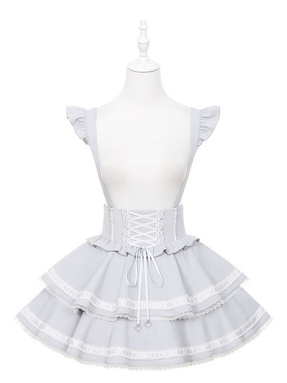 Light Dusty Blue Double-Layer Overall Skirt with Lace Trim - Puppet Bombs
