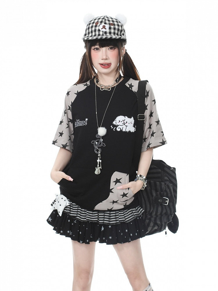 Black Star Print Short Sleeve Tee with Cat Embroidery - Languid Park