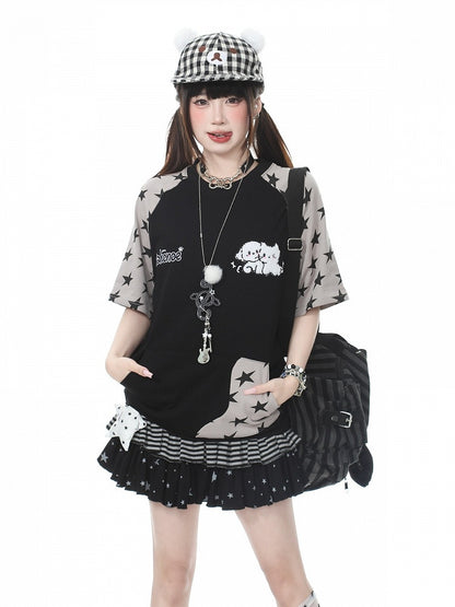Black Star Print Short Sleeve Tee with Cat Embroidery - Languid Park