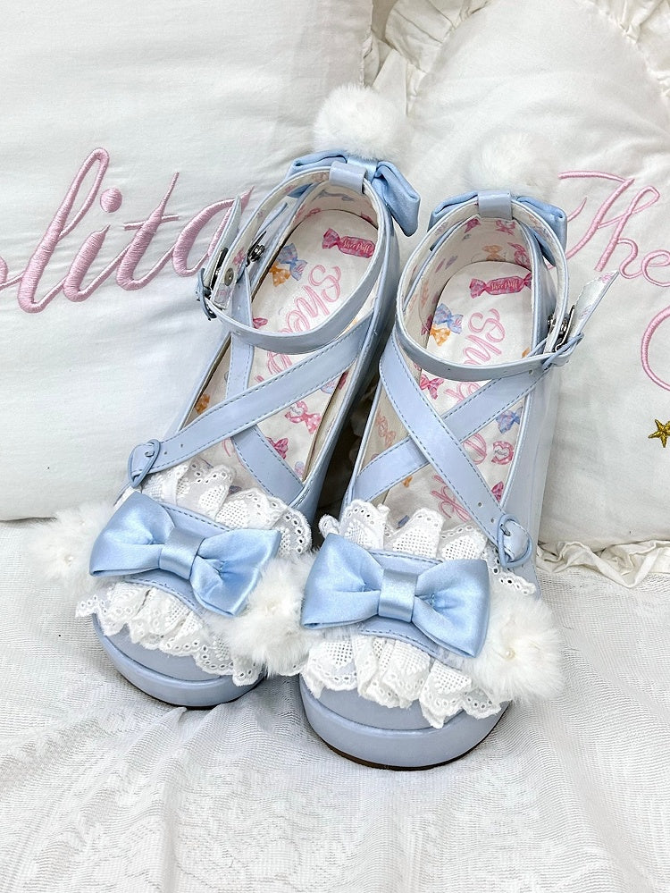 Blue Design at Decorated Top Bow Pompon Plush With Ear Crisscross Platforms Bunny