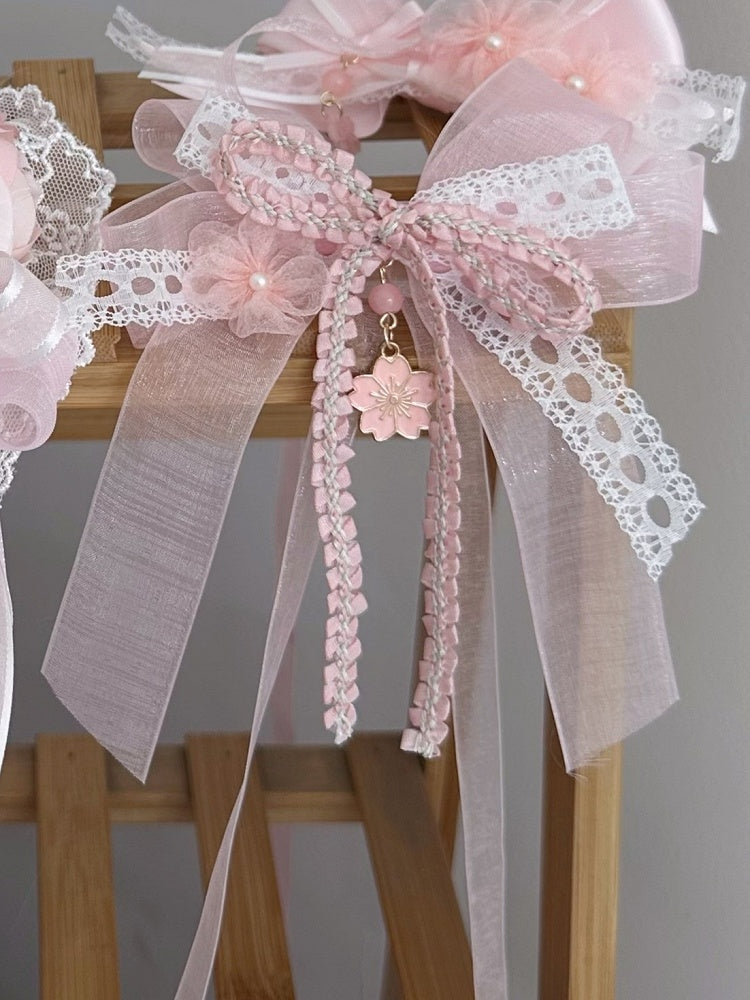 Lolita Bow Blossom Pendant Cherry Pink Hairclip Double-Layer