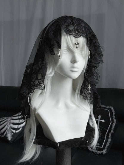 with Lace Gothic Black/White Cross Veil Lolita Charms