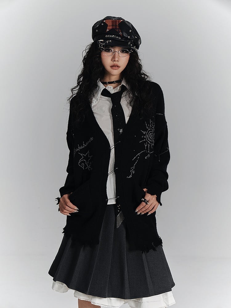 Cardigan Rhinestone Hem Placket Black Frayed V-Neck with Punk Three-Pin Knit