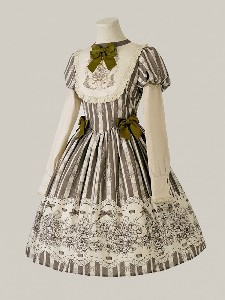 Version Lolita Embroidery Bodice Floral Pattern One and Brown Bowknot Short Striped Piece Classic