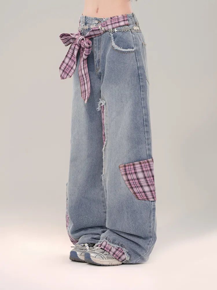 S Cut Wide-leg Bowknot Size Rose Plaid Jeans Clearance Blue Waist - 66CM Red for