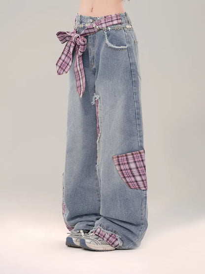 S Cut Wide-leg Bowknot Size Rose Plaid Jeans Clearance Blue Waist - 66CM Red for