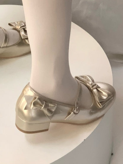 Gold Vintage Round Toe Lolita Shoes with Bow - Unmissable Berry