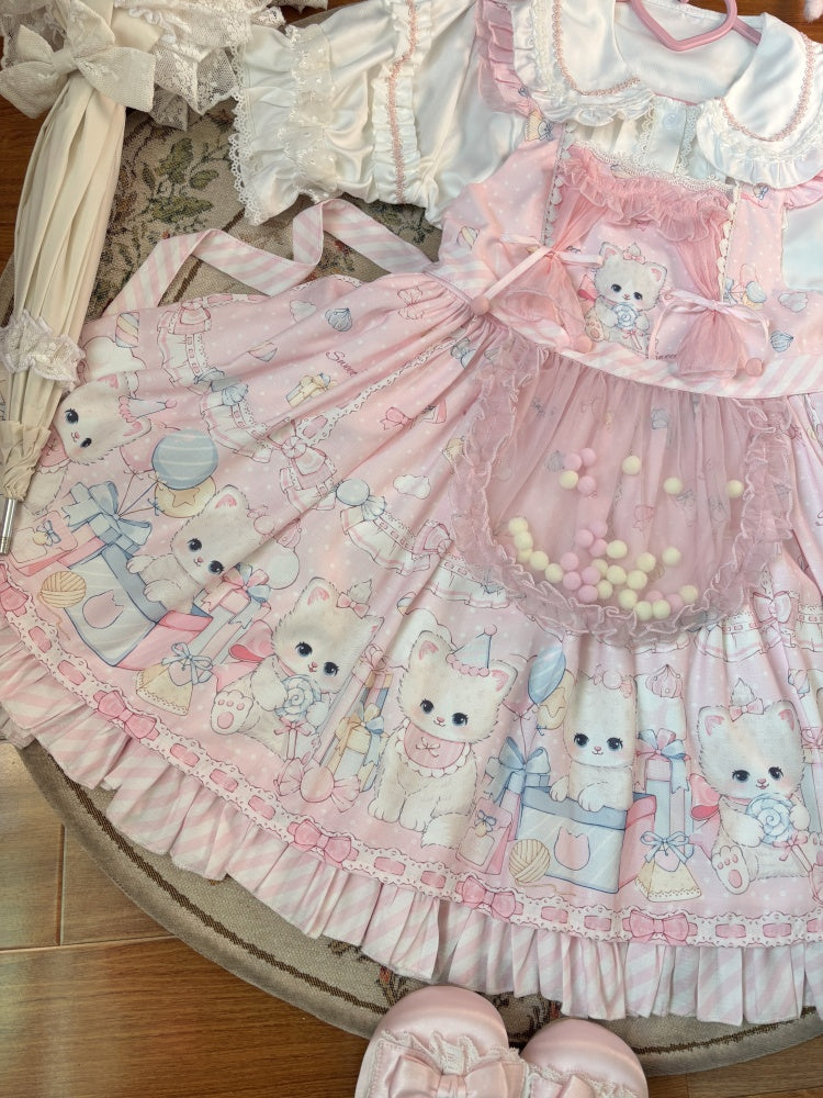 Pink Kitty and Polka Dots Pattern Sweet Lolita Overall Dress